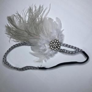 Vintage Flapper Costume White Feather Silver Double Braided Rhinestone Headband